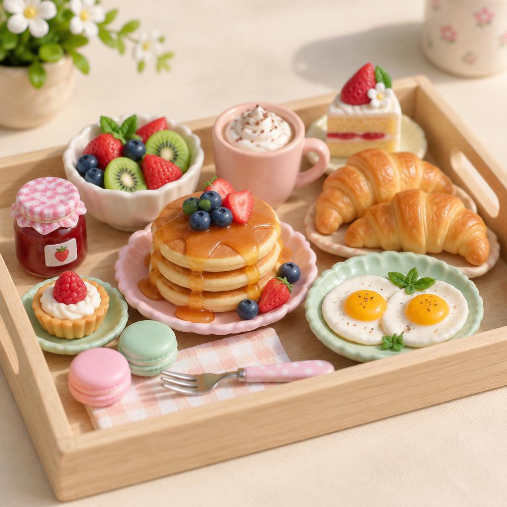 Set de comiditas en porcelana fría: panqueques, huevos fritos y medialunas miniatura