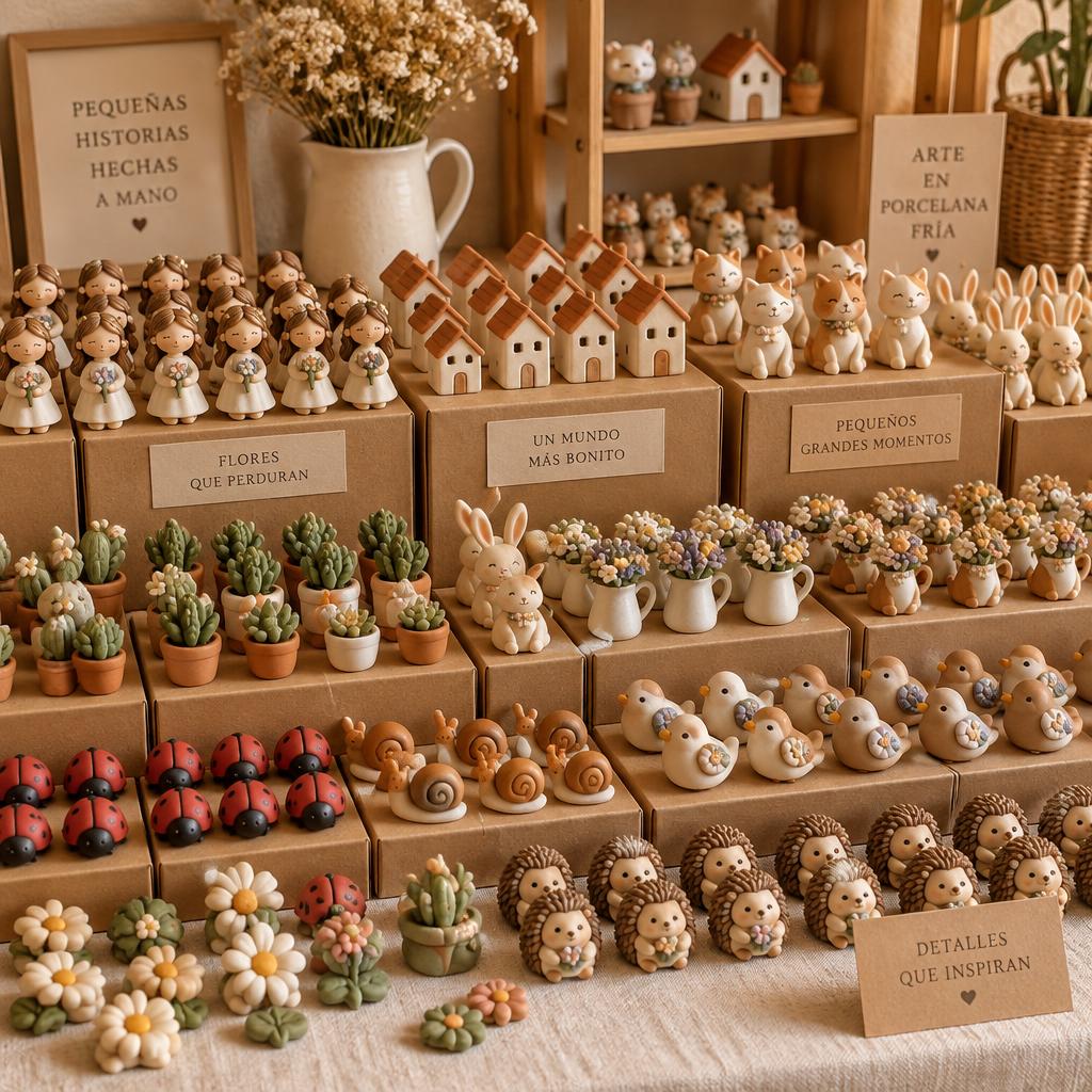 Ventas mayoristas de souvenirs y figuras en porcelana fría, organizadas en cajas