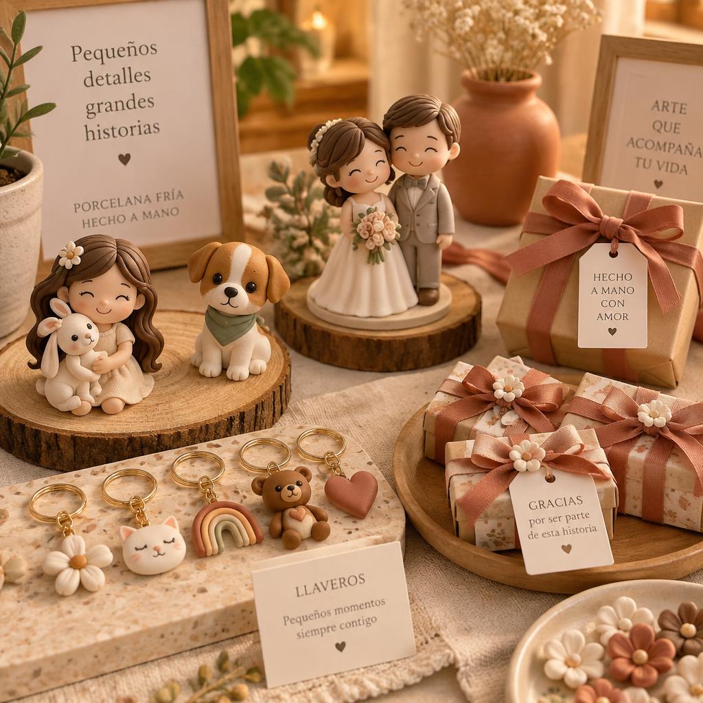 Regalería artesanal en porcelana fría: souvenirs, llaveros, figuras y cajitas de regalo