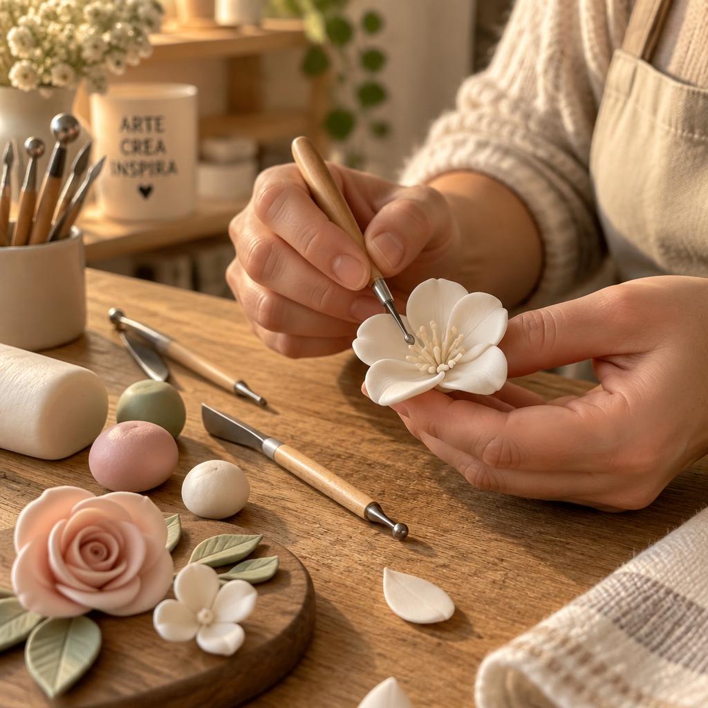 Manos modelando una flor en porcelana fría en el taller
